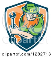 Poster, Art Print Of St Patricks Day Leprechaun Mechanic Holding A Wrench In A Blue White And Orange Shield