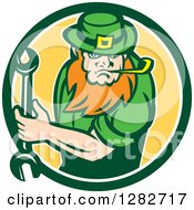 Clipart Of A St Patricks Day Leprechaun Mechanic Holding A Wrench In A Green White And Yellow Circle Royalty Free Vector Illustration by patrimonio