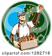Retro Woodcut Male Fruit Picker Harvesting Oranges In A Green And Blue Circle