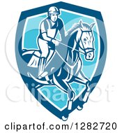 Poster, Art Print Of Retro Male Equestrian Show Jumping A Horse In A Blue And White Shield