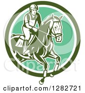 Poster, Art Print Of Retro Male Equestrian Show Jumping A Horse In A Green And White Circle