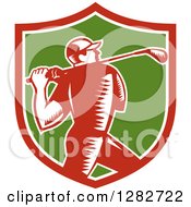 Poster, Art Print Of Retro Woodcut Male Golfer Swinging A Club In A Red White And Green Shield