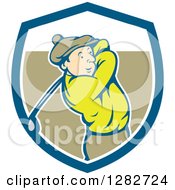 Poster, Art Print Of Retro Cartoon Male Golfer Swinging A Club In A Blue White And Brown Shield