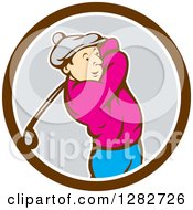 Poster, Art Print Of Retro Cartoon Male Golfer Swinging A Club In A Brown White And Gray Circle