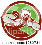 Clipart Of A Retro Male Football Player With A Ball In A Maroon White And Green Circle Royalty Free Vector Illustration