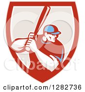 Clipart Of A Retro Male Baseball Player Batting Inside A Red White And Taupe Shield Royalty Free Vector Illustration