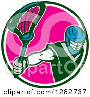 Poster, Art Print Of Retro Male Lacrosse Player Holding A Stick In A Green White And Pink Circle
