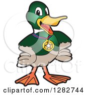 Poster, Art Print Of Happy Mallard Duck School Sports Mascot Character Wearing A Medal