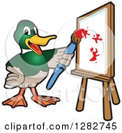 Poster, Art Print Of Happy Mallard Duck School Mascot Character Painting Art On A Canvas