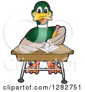 Poster, Art Print Of Happy Mallard Duck School Mascot Character Writing At A Desk