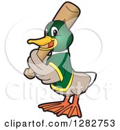 Poster, Art Print Of Happy Mallard Duck School Sports Mascot Character Baseball Player Batting