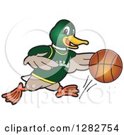 Poster, Art Print Of Happy Mallard Duck School Sports Mascot Character Dribbling A Basketball