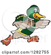 Poster, Art Print Of Happy Mallard Duck School Sports Mascot Character Running With An American Football