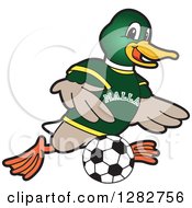 Poster, Art Print Of Happy Mallard Duck School Sports Mascot Character Playing Soccer