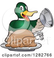 Poster, Art Print Of Happy Mallard Duck School Mascot Character Serving A Roasted Thanksgiving Turkey