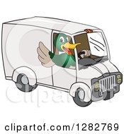 Poster, Art Print Of Happy Mallard Duck School Mascot Character Waving And Driving A Delivery Van