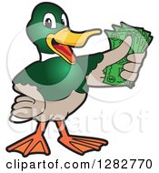 Poster, Art Print Of Happy Mallard Duck School Mascot Character Holding Cash Money