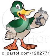 Poster, Art Print Of Happy Mallard Duck School Mascot Character Holding Up A Cell Phone