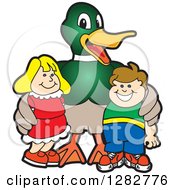 Poster, Art Print Of Happy Mallard Duck School Mascot Character Posing With Students