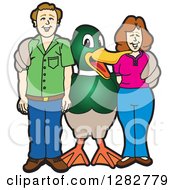 Poster, Art Print Of Happy Mallard Duck School Mascot Character Posing With Parents