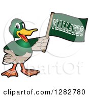 Happy Mallard Duck School Sports Mascot Character Holding Up A Flag