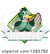 Poster, Art Print Of Happy Mallard Duck School Mascot Character Waving Over A Blank Banner And Diamond