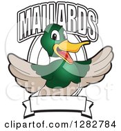 Poster, Art Print Of Happy Mallard Duck School Mascot Character Welcoming With Text Over An Oval And Blank Banner