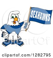 Happy Seahawk Sports School Mascot Character Holding A Flag