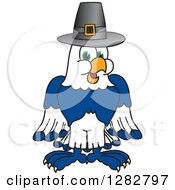 Happy Seahawk School Mascot Character Wearing A Thanksgiving Pilgrim Hat