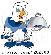 Happy Seahawk School Mascot Character Waiter Holding A Cloche Platter