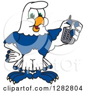 Happy Seahawk School Mascot Character Holding A Cell Phone