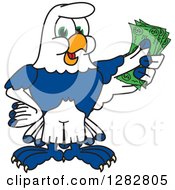 Happy Seahawk School Mascot Character Holding Cash Money