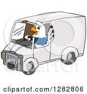 Happy Seahawk School Mascot Character Waving And Driving A Delivery Van