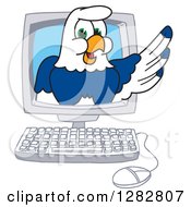 Happy Seahawk School Mascot Character Emerging From A Desktop Computer Screen