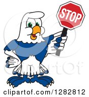 Happy Seahawk School Mascot Character Holding A Stop Sign