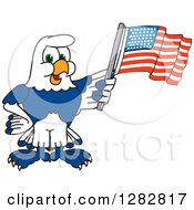 Happy Seahawk School Mascot Character Holding An American Flag