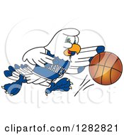 Happy Seahawk Sports School Mascot Character Dribbling A Basketball