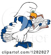 Happy Seahawk School Mascot Character Facing Right And Reading A Book