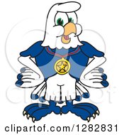 Happy Seahawk Sports School Mascot Character Wearing A Medal