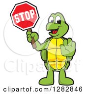 Happy Turtle School Mascot Character Gesturing And Holding A Stop Sign