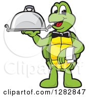 Happy Turtle School Mascot Character Waiter Holding A Cloche Platter