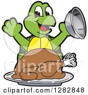 Happy Turtle School Mascot Character Serving A Roasted Thanksgiving Turkey
