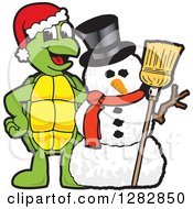 Happy Christmas Turtle School Mascot Character With A Winter Snowman