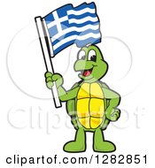 Happy Turtle School Mascot Character Holding A Greek Flag