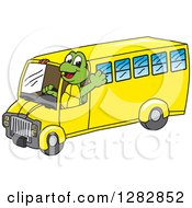Happy Turtle School Mascot Character Waving And Driving A Bus