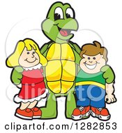 Happy Turtle School Mascot Character Posing With Students
