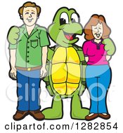 Happy Turtle School Mascot Character Posing With Parents