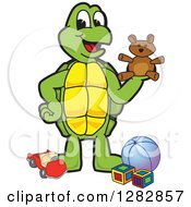 Happy Turtle School Mascot Character With Toys