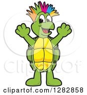 Happy Turtle School Mascot Character With A Colorful Mohawk Cheering
