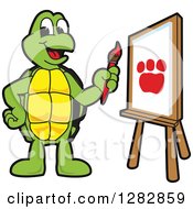Happy Turtle School Mascot Character Painting A Paw Print On An Art Canvas